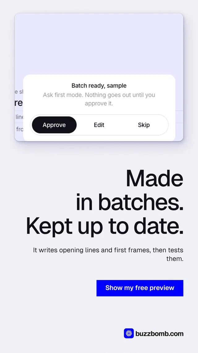 Instagram story for BuzzBomb: "Made in batches. Kept up to date." Swiss style, right layout, light palette in white, blue.