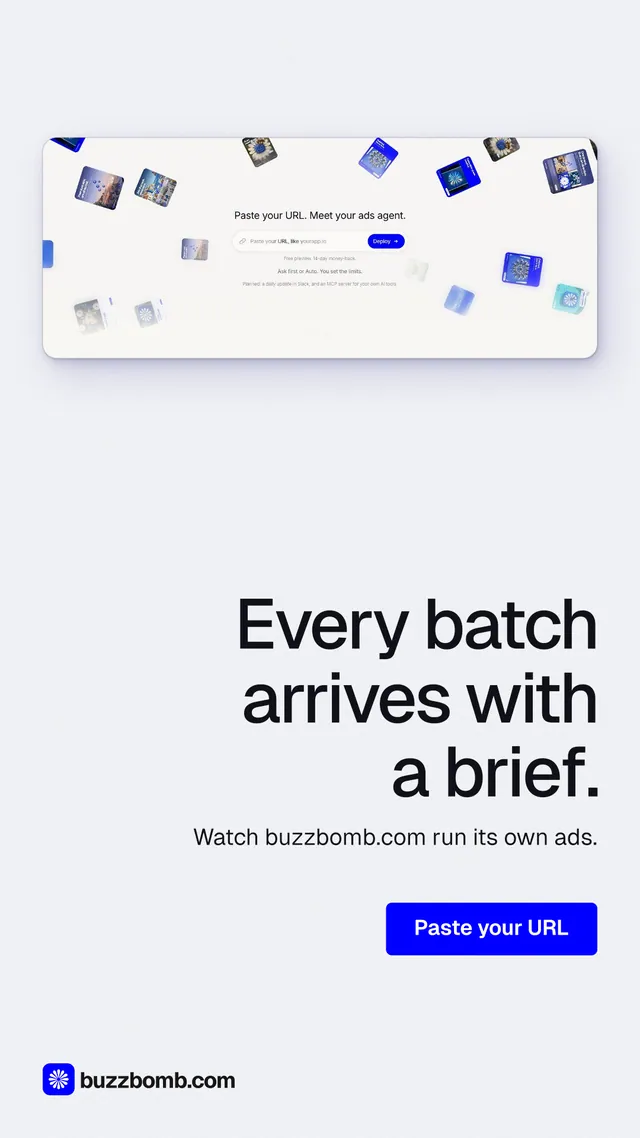 Instagram story for BuzzBomb: "Every batch arrives with a brief." Data card style, right layout, light palette in white, blue.