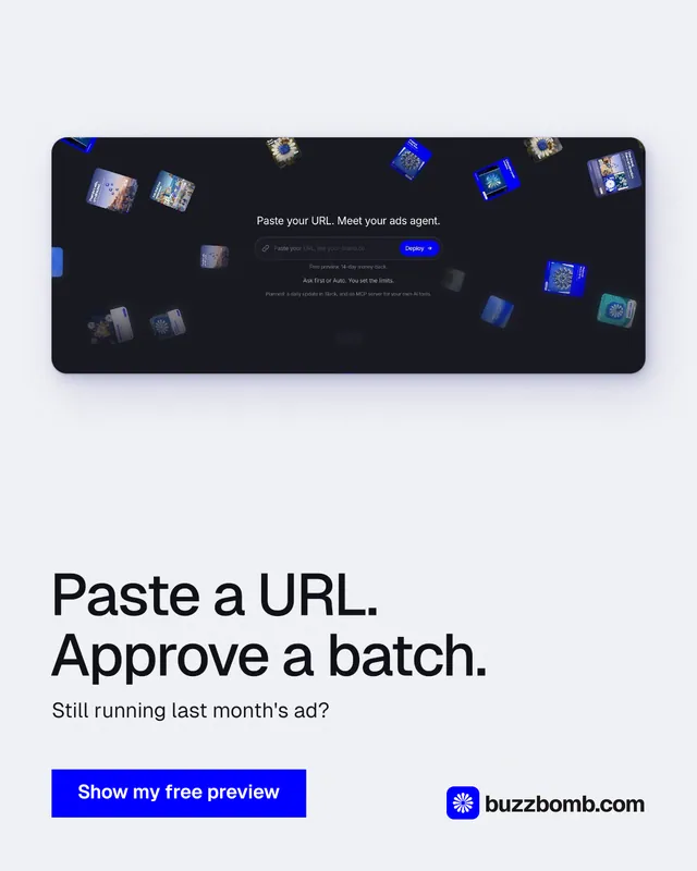Instagram portrait post for BuzzBomb: "Paste a URL. Approve a batch." Swiss style, bottom layout, light palette in white, blue, grey.