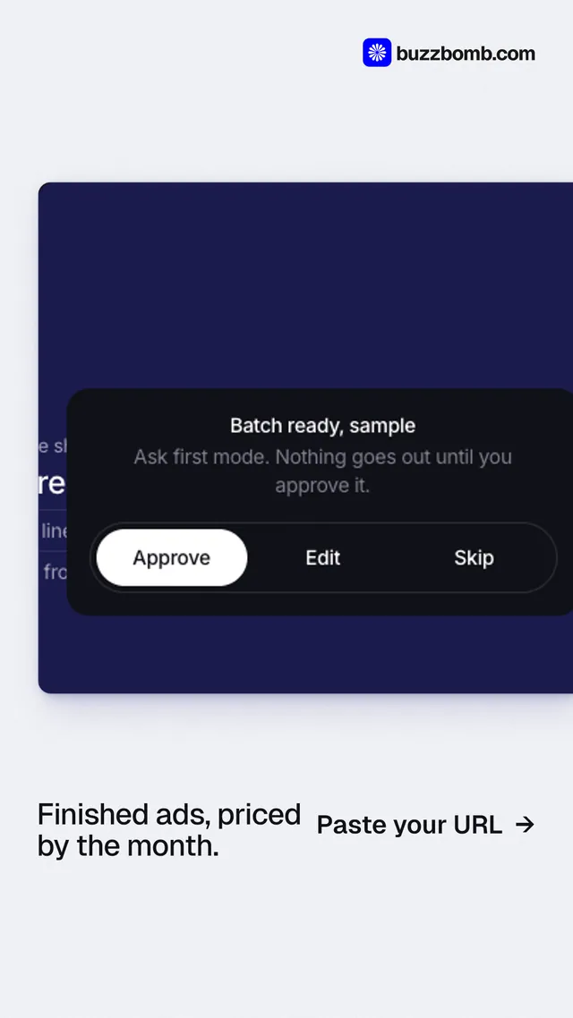 Instagram story for BuzzBomb: "Finished ads, priced by the month." Data card style, image led layout, light palette in white, blue, black.