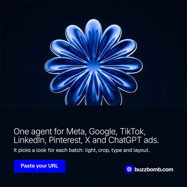 Instagram post for BuzzBomb: "One agent for Meta, Google, TikTok, LinkedIn, Pinterest, X and ChatGPT ads." Swiss style, bottom layout, dark palette in black, blue.