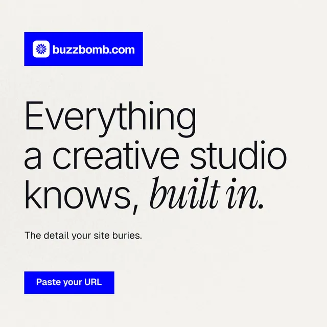 Instagram post for BuzzBomb: "Everything a creative studio knows, built in." Swiss style, announce layout, light palette in white, blue.