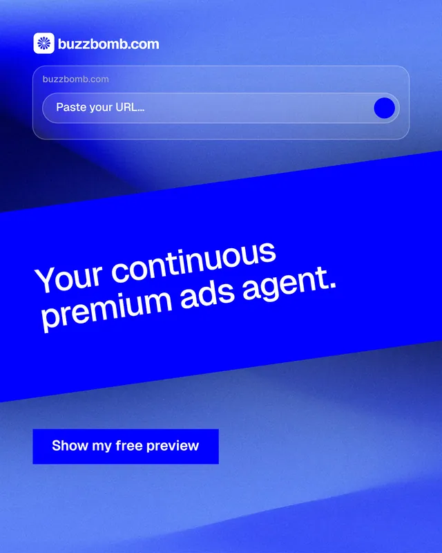 Instagram portrait post for BuzzBomb: "Your continuous premium ads agent." Swiss style, diagonal layout, dark palette in blue.