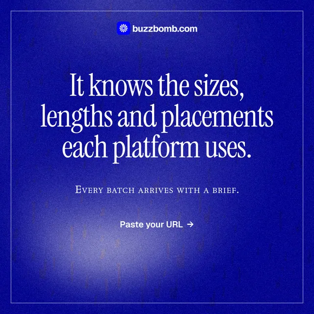 Instagram post for BuzzBomb: "It knows the sizes, lengths and placements each platform uses." Editorial style, smallcaps layout, dark palette in blue.