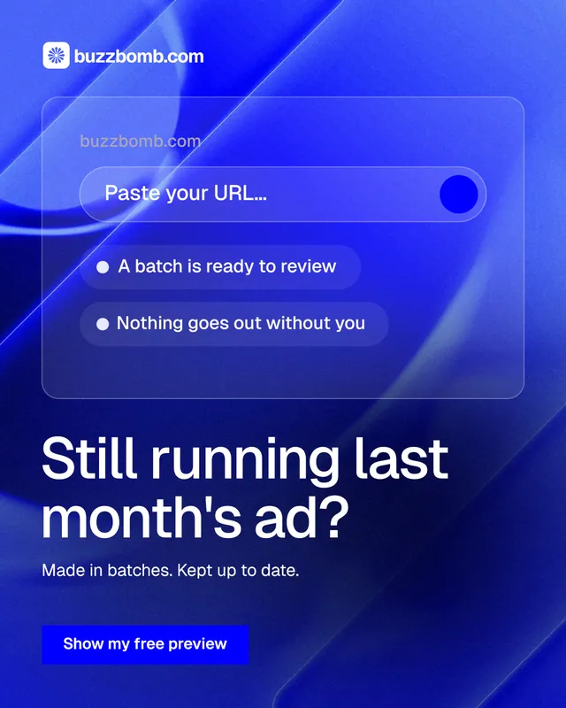 Instagram portrait post for BuzzBomb: "Still running last month's ad?" Swiss style, bottom layout, dark palette in blue.