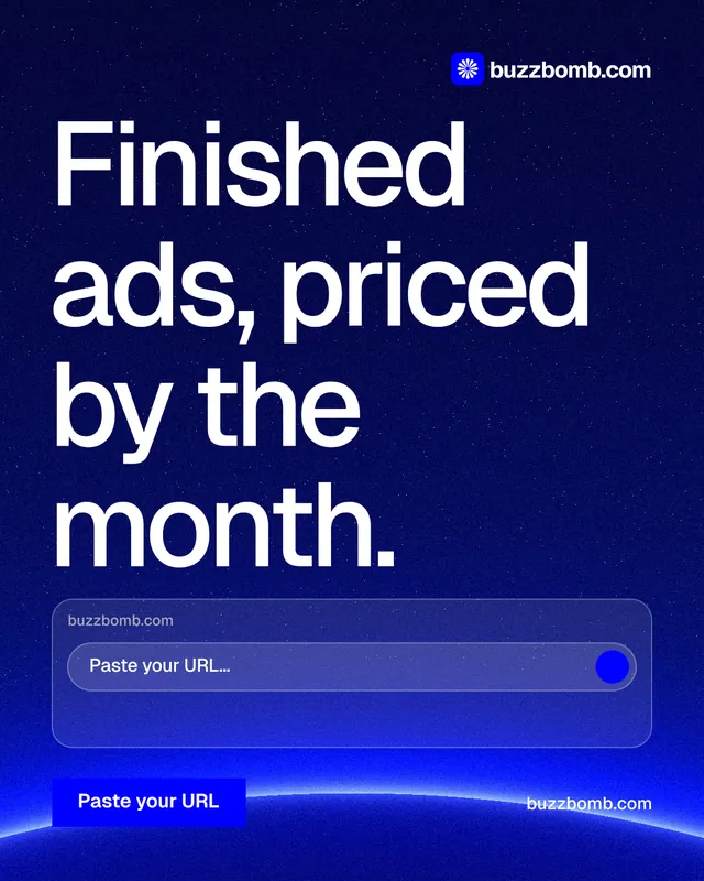Instagram portrait post for BuzzBomb: "Finished ads, priced by the month." Swiss style, poster layout, dark palette in blue.