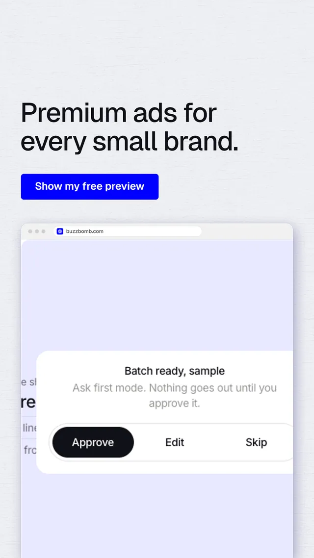 Instagram story for BuzzBomb: "Premium ads for every small brand." Data card style, browser layout, light palette in white, blue.