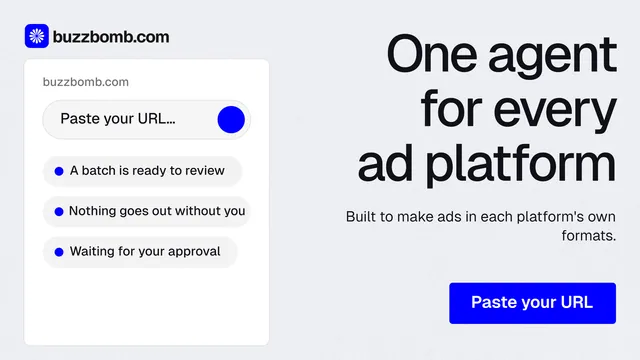 Landscape graphic for BuzzBomb: "One agent for every ad platform". Data card style, right layout, light palette in white, blue.