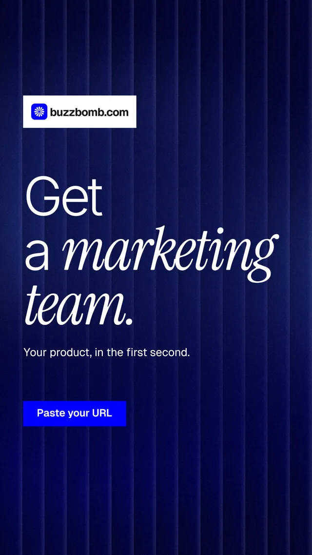 Instagram story for BuzzBomb: "Get a marketing team." Swiss style, announce layout, dark palette in blue, black, grey.