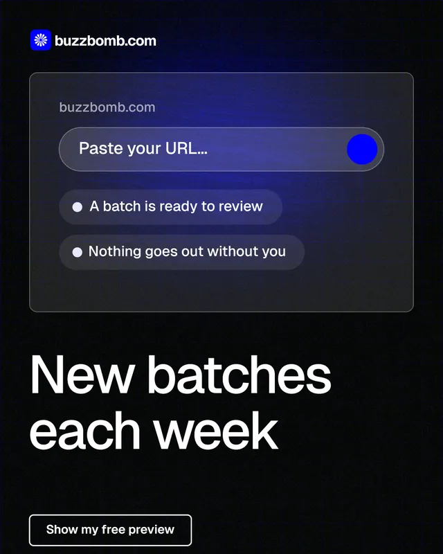 Instagram portrait post for BuzzBomb: "New batches each week". Phosphor atlas style, bottom layout, dark palette in black, blue, grey.