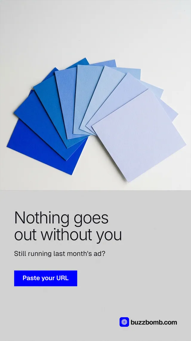 Instagram story for BuzzBomb: "Nothing goes out without you". Swiss style, bottom layout, light palette in white, blue.