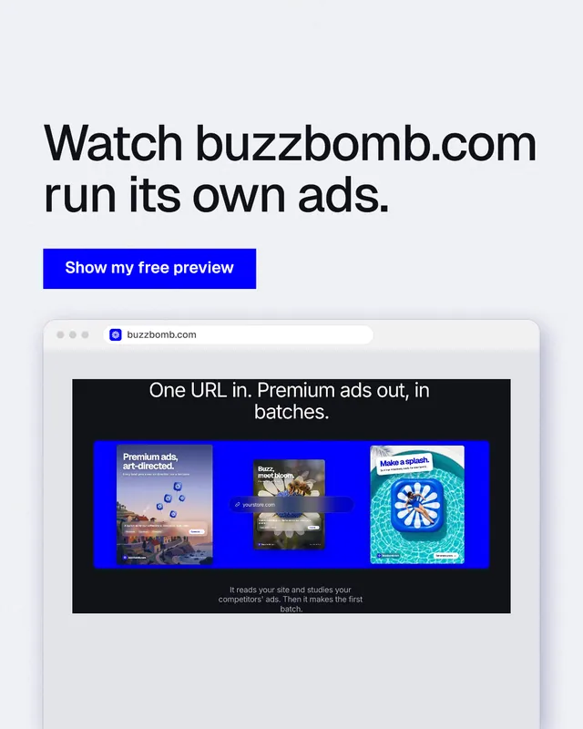 Instagram portrait post for BuzzBomb: "Watch buzzbomb.com run its own ads." Swiss style, browser layout, light palette in white, blue, grey.