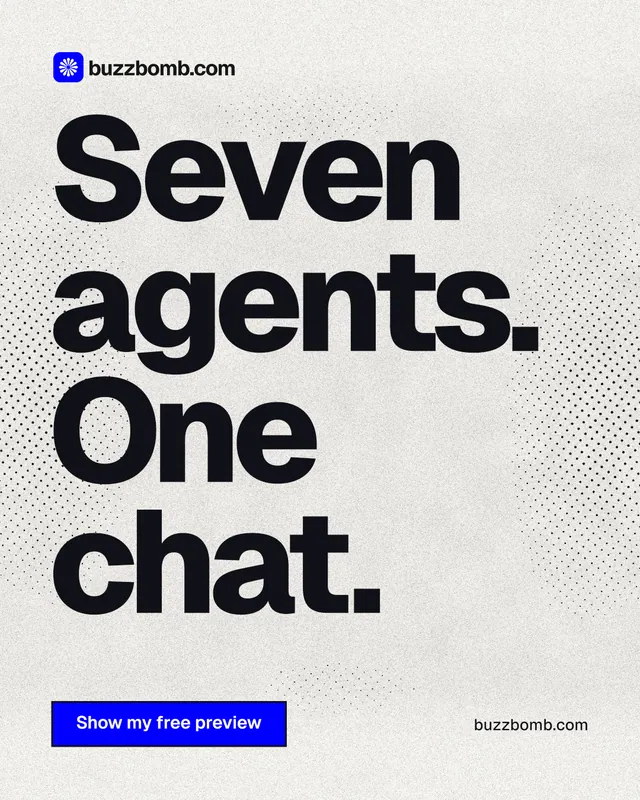 Instagram portrait post for BuzzBomb: "Seven agents. One chat." Ink sticker style, poster layout, light palette in white, grey.