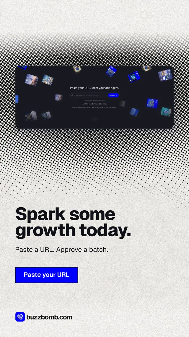 Instagram story for BuzzBomb: "Spark some growth today." Ink sticker style, bottom layout, light palette in blue, white, grey.
