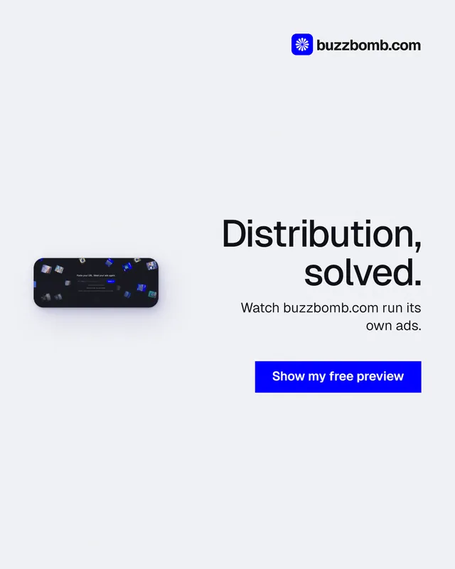 Instagram portrait post for BuzzBomb: "Distribution, solved." Swiss style, right layout, light palette in white, blue.