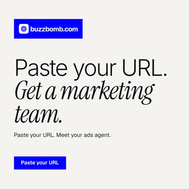 Instagram post for BuzzBomb: "Paste your URL. Get a marketing team." Swiss style, announce layout, light palette in white, blue.
