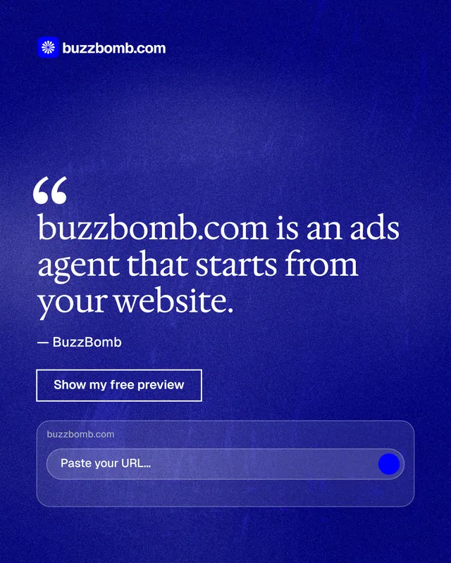 Instagram portrait post for BuzzBomb: "buzzbomb.com is an ads agent that starts from your website." Cyanotype style, quote layout, dark palette in blue.