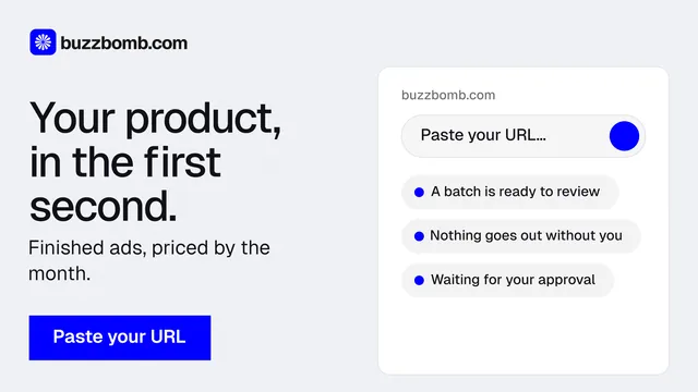 Landscape graphic for BuzzBomb: "Your product, in the first second." Swiss style, bottom layout, light palette in white, blue.