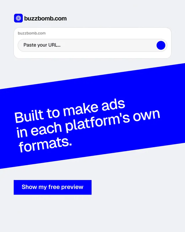 Instagram portrait post for BuzzBomb: "Built to make ads in each platform's own formats." Swiss style, diagonal layout, light palette in white, blue.