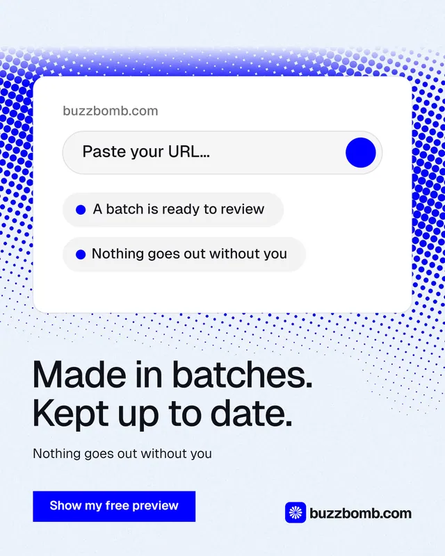 Instagram portrait post for BuzzBomb: "Made in batches. Kept up to date." Swiss style, bottom layout, light palette in white, blue.