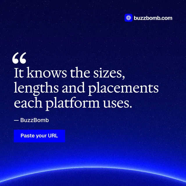 Instagram post for BuzzBomb: "It knows the sizes, lengths and placements each platform uses." Swiss style, quote layout, dark palette in blue.