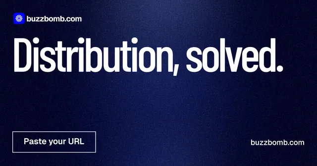 Social ad for BuzzBomb: "Distribution, solved." Dark deco style, poster layout, dark palette in blue, black, grey.