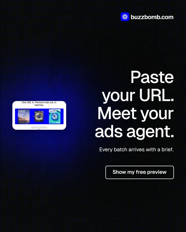 Instagram portrait post for BuzzBomb: "Paste your URL. Meet your ads agent." Phosphor atlas style, right layout, dark palette in black, grey.