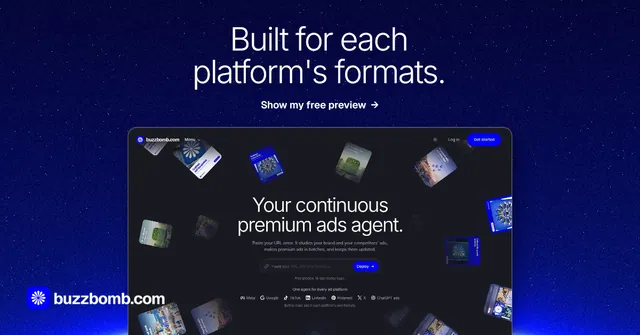 Social ad for BuzzBomb: "Built for each platform's formats." Swiss style, ogui layout, dark palette in blue, black.