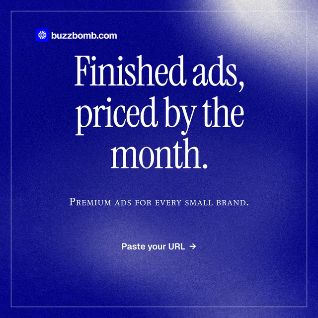 Instagram post for BuzzBomb: "Finished ads, priced by the month." Editorial style, smallcaps layout, dark palette in blue.