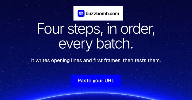 Social ad for BuzzBomb: "Four steps, in order, every batch." Swiss style, centred layout, dark palette in blue.
