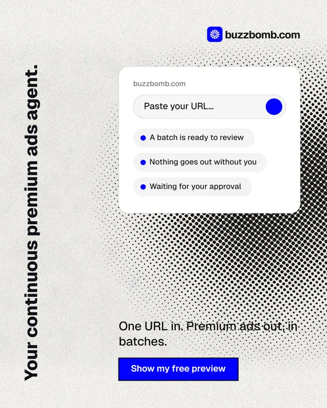 Instagram portrait post for BuzzBomb: "Your continuous premium ads agent." Ink sticker style, vertical layout, light palette in white, grey.