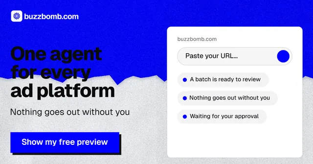 Social ad for BuzzBomb: "One agent for every ad platform". Paper trio style, bottom layout, light palette in blue, white.
