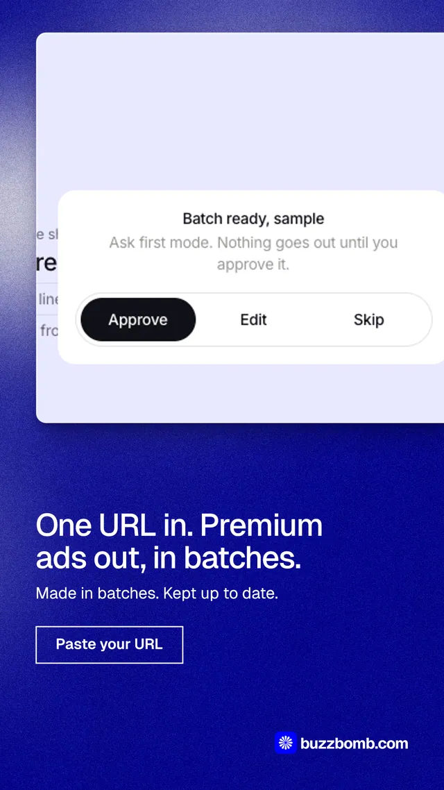 Instagram story for BuzzBomb: "One URL in. Premium ads out, in batches." Cyanotype style, bottom layout, light palette in blue, white.