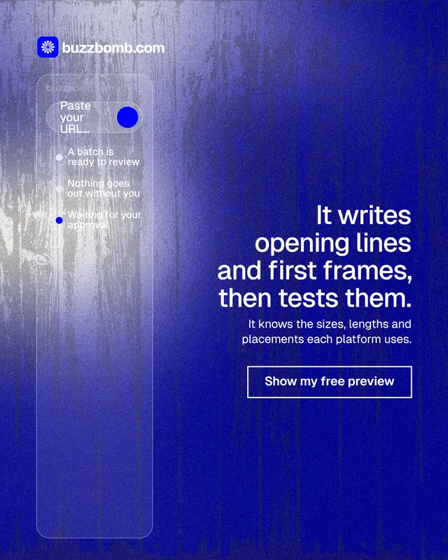Instagram portrait post for BuzzBomb: "It writes opening lines and first frames, then tests them." Cyanotype style, right layout, dark palette in blue.