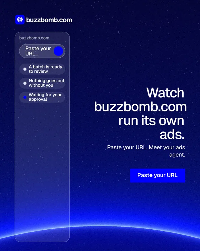 Instagram portrait post for BuzzBomb: "Watch buzzbomb.com run its own ads." Swiss style, right layout, dark palette in blue.
