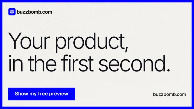 Landscape graphic for BuzzBomb: "Your product, in the first second." Swiss style, poster layout, light palette in white, blue.