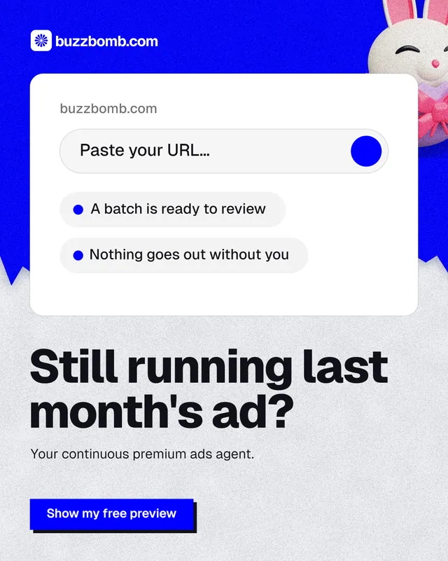 Instagram portrait post for BuzzBomb: "Still running last month's ad?" Paper trio style, bottom layout, light palette in white, blue.
