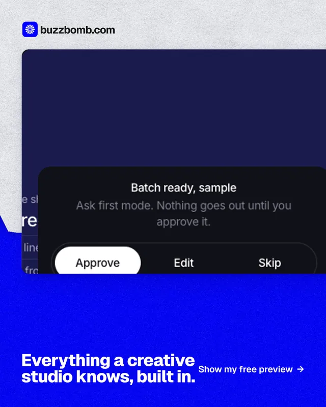 Instagram portrait post for BuzzBomb: "Everything a creative studio knows, built in." Paper trio style, image led layout, dark palette in blue, white.