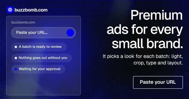 Social ad for BuzzBomb: "Premium ads for every small brand." Phosphor atlas style, right layout, dark palette in black, blue, grey.