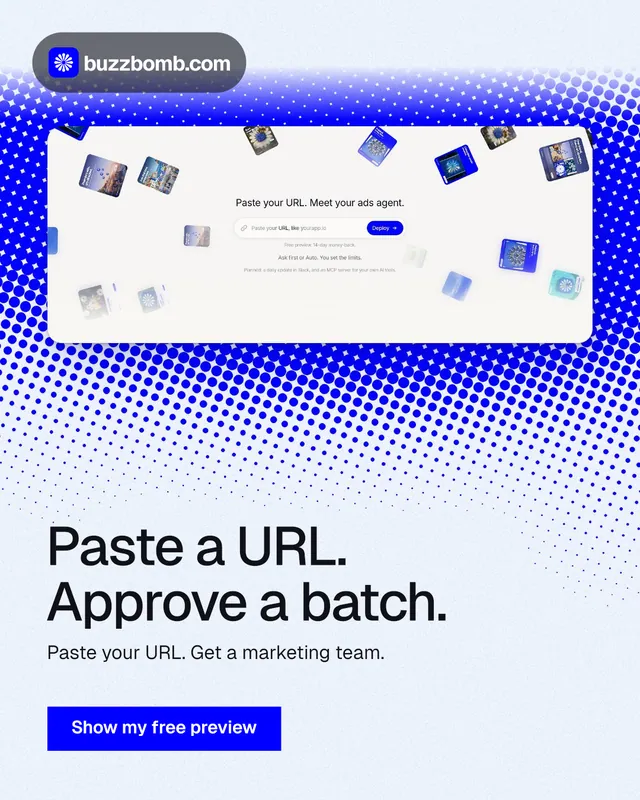 Instagram portrait post for BuzzBomb: "Paste a URL. Approve a batch." Swiss style, bottom layout, light palette in white, blue.