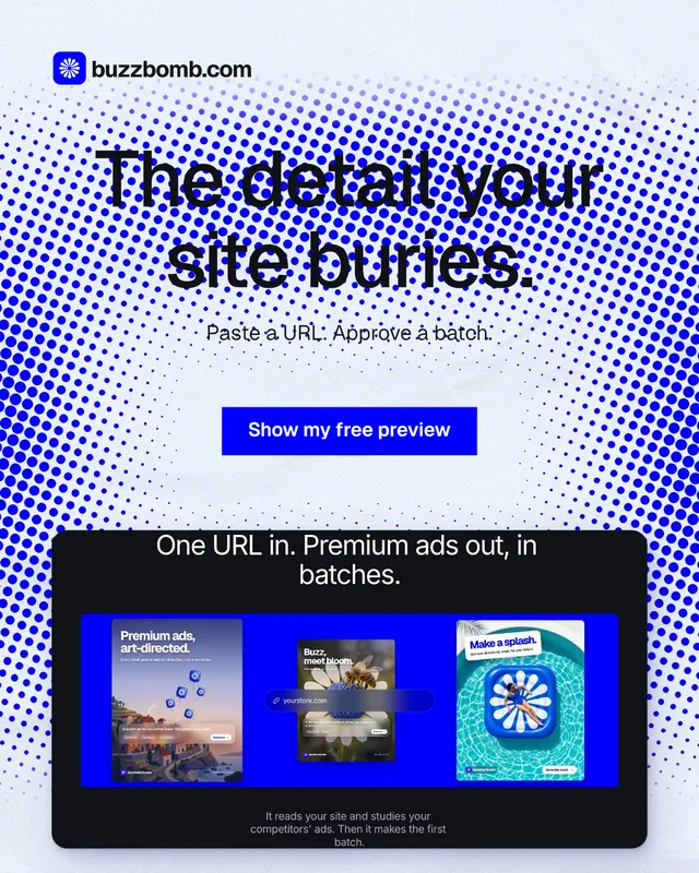Instagram portrait post for BuzzBomb: "The detail your site buries." Swiss style, centred layout, light palette in blue, white.
