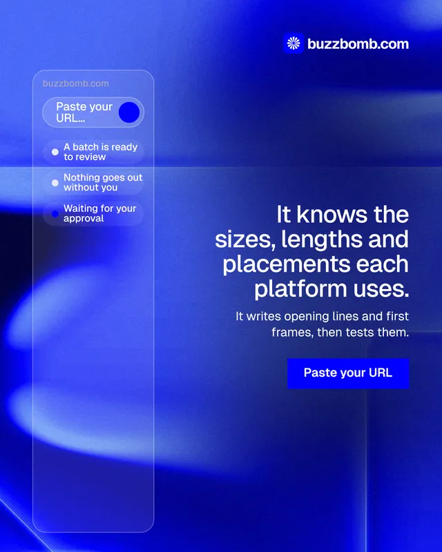 Instagram portrait post for BuzzBomb: "It knows the sizes, lengths and placements each platform uses." Swiss style, right layout, dark palette in blue.