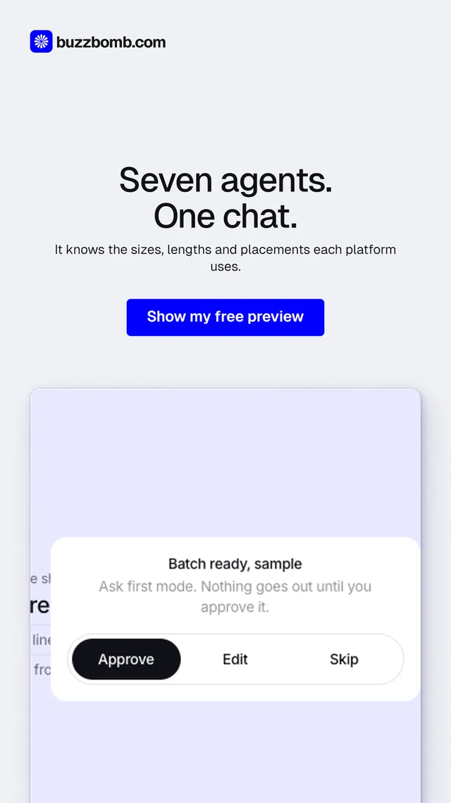 Instagram story for BuzzBomb: "Seven agents. One chat." Data card style, centred layout, light palette in white, blue.