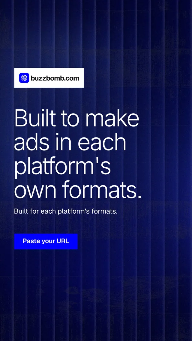 Instagram story for BuzzBomb: "Built to make ads in each platform's own formats." Swiss style, announce layout, dark palette in blue, grey.