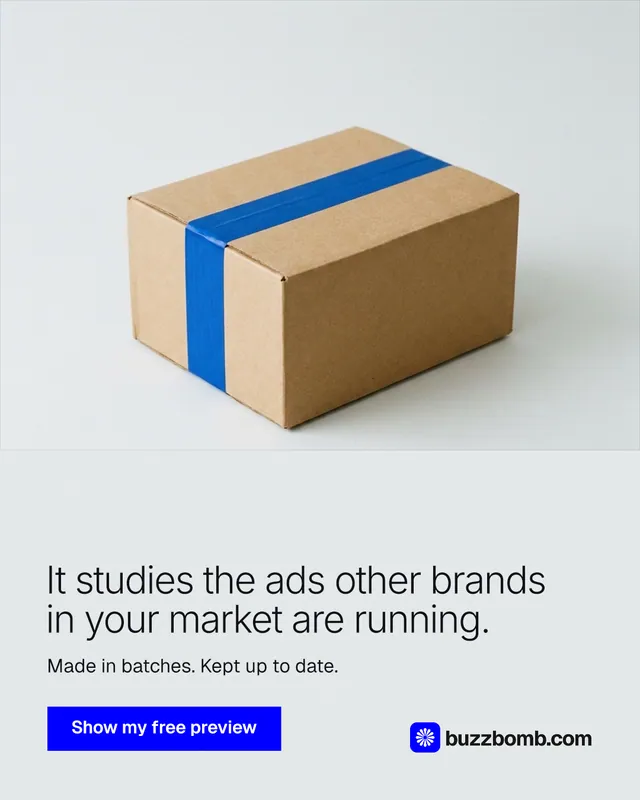 Instagram portrait post for BuzzBomb: "It studies the ads other brands in your market are running." Swiss style, bottom layout, light palette in white, grey.