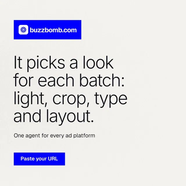 Instagram post for BuzzBomb: "It picks a look for each batch: light, crop, type and layout." Swiss style, announce layout, light palette in white, blue.