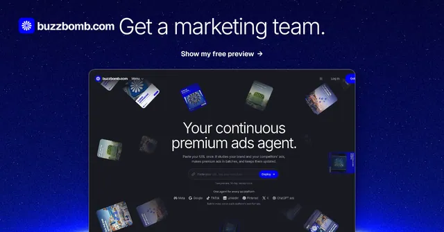 Social ad for BuzzBomb: "Get a marketing team." Swiss style, ogui layout, dark palette in black, blue, grey.
