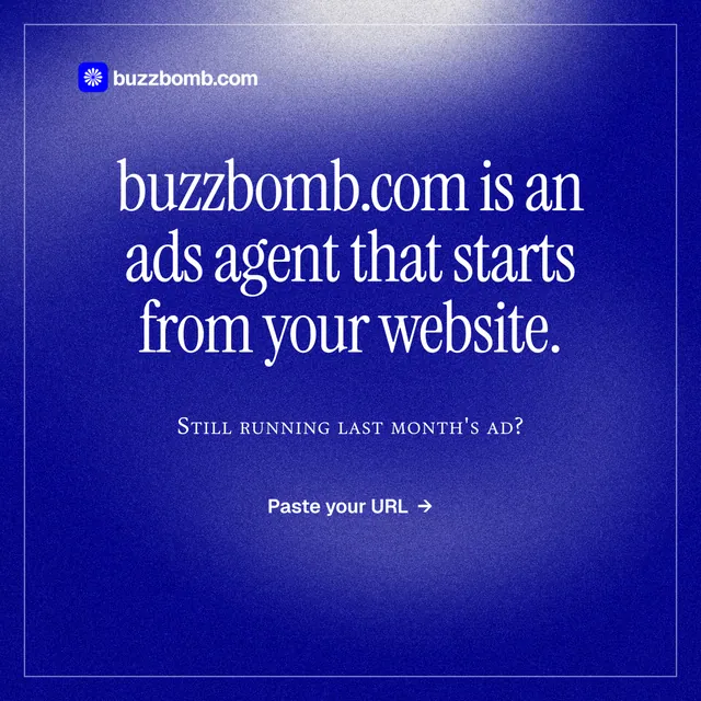 Instagram post for BuzzBomb: "buzzbomb.com is an ads agent that starts from your website." Editorial style, smallcaps layout, dark palette in blue.
