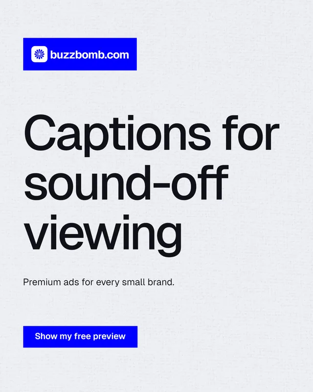 Instagram portrait post for BuzzBomb: "Captions for sound-off viewing". Swiss style, announce layout, light palette in white, blue.