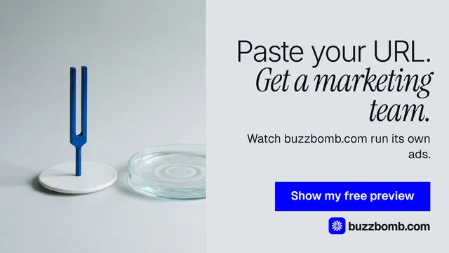 Landscape graphic for BuzzBomb: "Paste your URL. Get a marketing team." Swiss style, right layout, light palette in white, grey, blue.